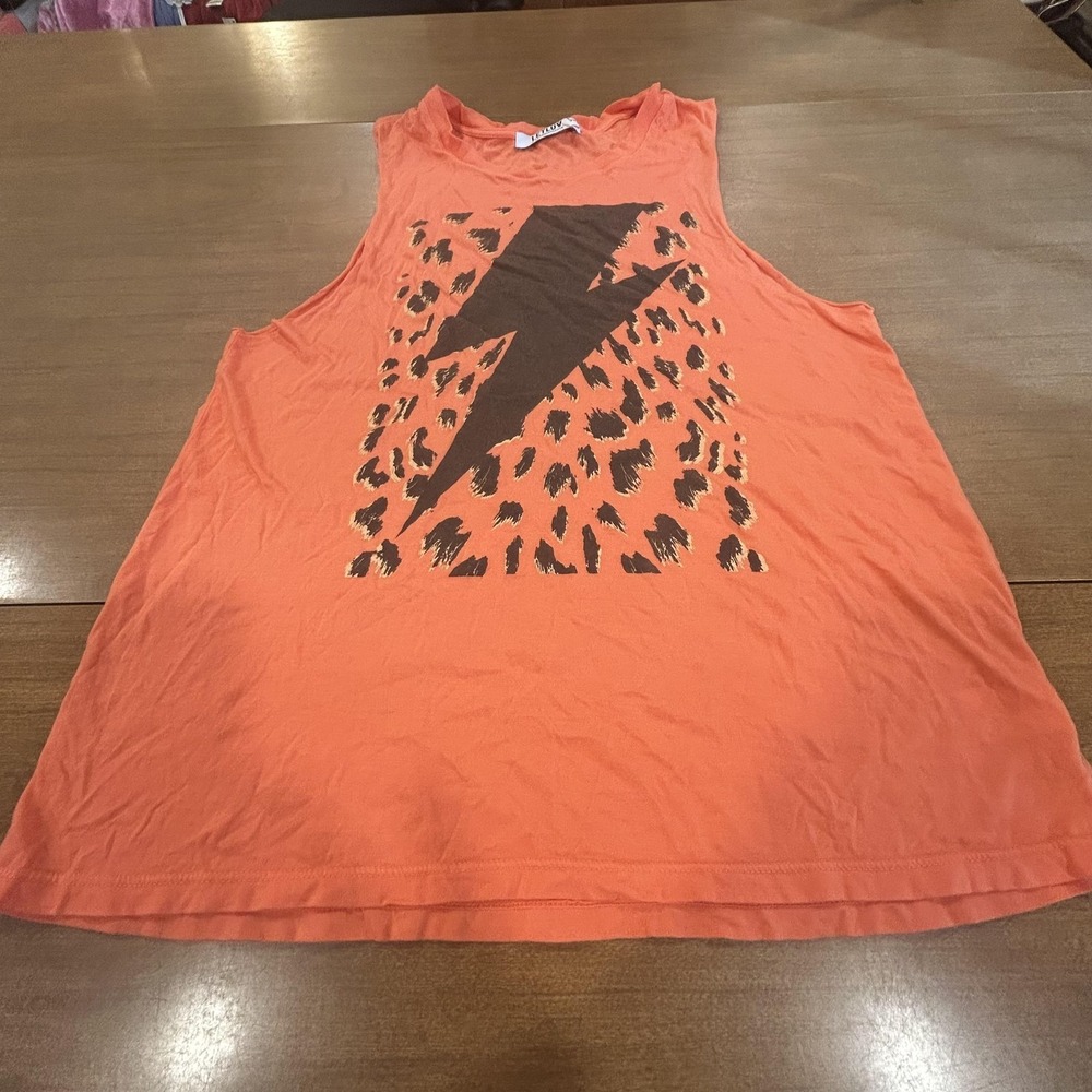 LETLUV Anthropologie Tank Top Womens Medium Orange Lightning Leopard Graphic Tee